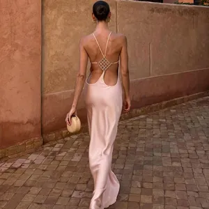 Sexy open back satin long dress for women, elegant summer sleeveless backless slip dress.