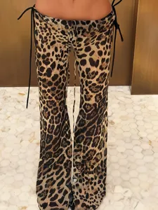 Women Sexy Low Waist Slim Fit Leopard Print Flare Pants Casual Streetwear Drawstring Long Trousers Fashion Apparel