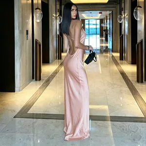Elegant satin backless long dress for women, sexy summer slim fit bodycon evening party gown.