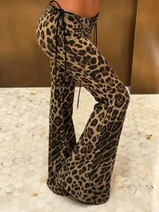 Women leopard print low waist flare pants sexy slim side tie wide leg trousers hot girl style