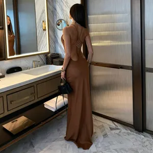 Sexy backless bodycon maxi dress, solid color slim fit crew neck long dress for women summer