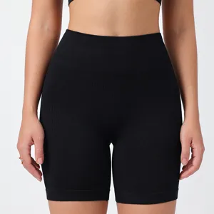 Pantaloncini yoga a costine senza cuciture neri a vita alta fitness corsa vista principale