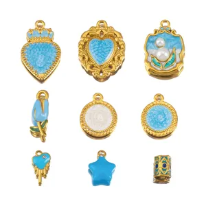 Set of 9 blue enamel stainless steel charms in heart, star, and flower shapes for DIY jewelry