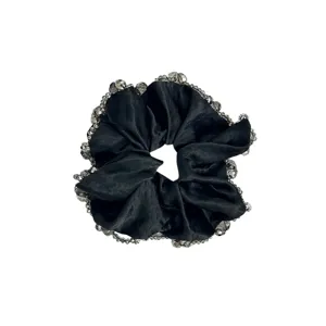 Elegant black satin scrunchie featuring luxury crystal beaded edges for hair styling