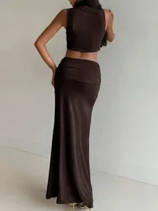 Women summer brown two piece set sleeveless crop top low waist maxi skirt casual chic