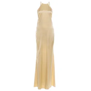Detailed view of the elegant halter neck satin slip dress in a slim fit silhouette.