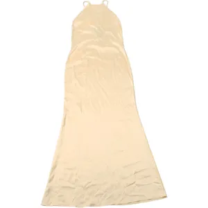 Detail view of the elegant beige satin halter maxi dress, showing smooth glossy fabric.