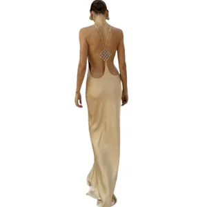 European style summer backless slip dress sexy solid color bodycon long dress for women