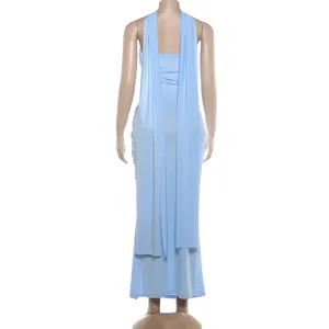 Helles hellblaues traegerloses Neckholder langes Abendkleid Detailansicht der Rueckseite.