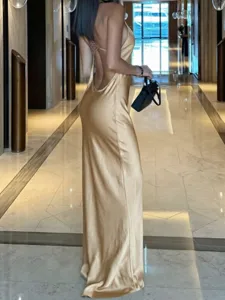 European summer solid color sexy slim backless slip bodycon maxi dress for women elegant