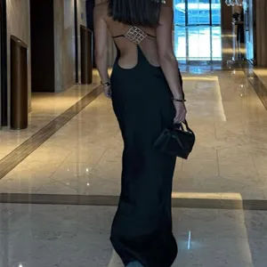 European style summer women's solid color slim irregular backless slip dress evening gown