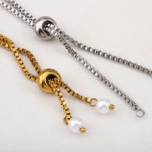 Verstelbare roestvrijstalen boxketting met schuifkraal en pareldetail voor DIY sieraden