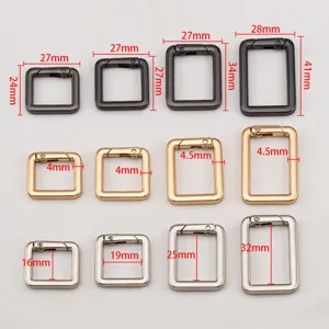 Various sizes of square metal spring ring carabiner clasps for bags in three finishes