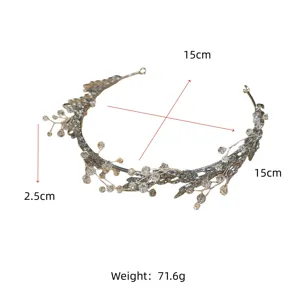Close-up detail of silver crystal bridal headpiece with dimensions and weight