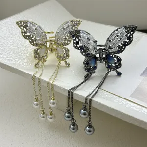 New Chinese Style Metal Butterfly Hair Claw with Tassel Rhinestone Artificial Pearl Shark Clip Hair Accessories for Women