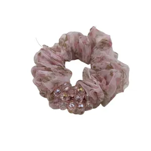 Rosa geblümter Organza-Haargummi mit Kristallperlen für elegante Pferdeschwanz-Frisuren