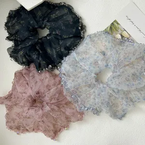 Elastico per Capelli Grande in Organza con Stampa Floreale da Donna Dolce Elastico con Decorazione in Perline Accessori per Capelli