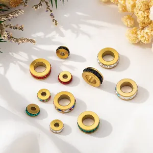 Gold-plated stainless steel spacer beads with colorful rhinestones for DIY jewelry