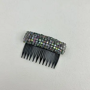 Elegant sparkling iridescent crystal cube hair comb with black teeth for styling