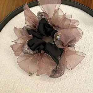 Chouchou en Maille avec Nœud et Strass Élégant avec Pendentif Goutte de Cristal Vintage Satin Organza Accessoires Cheveux pour Femmes Quotidien