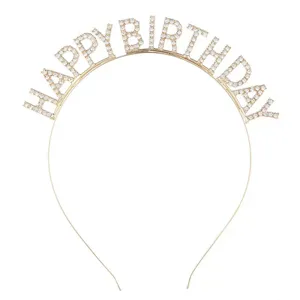 Primo piano della scritta Happy Birthday in strass su un cerchietto per feste dorato