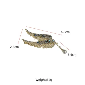 Detailed dimensions showing length and weight of crystal angel wing hair clip with pearl tassel.
