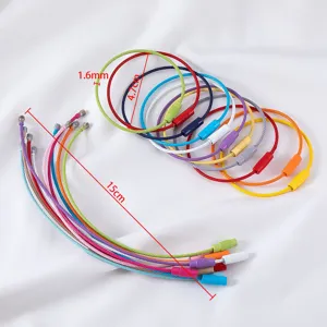 Colorful coated steel wire keychain loops with screw closure and size measurements.