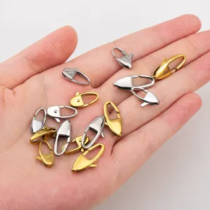 Polished 304 stainless steel long oval lobster clasps in gold and silver for jewelry making.