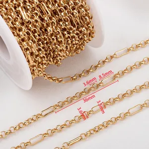 Golden copper paperclip and O-link chain for DIY jewelry making with dimensions shown