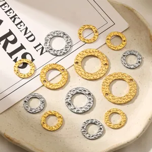 Hammered 18K gold plated stainless steel double-hole circular pendants for DIY jewelry