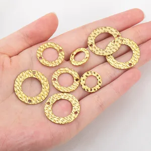 18K gold plated stainless steel hammered round pendants with double holes for DIY jewelry