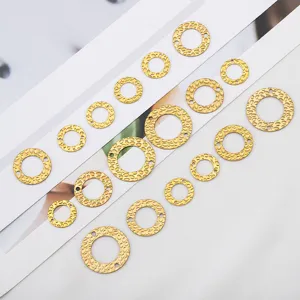 Textured 18K gold plated stainless steel double-hole round pendants for DIY jewelry