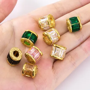 18K gold-plated stainless steel barrel beads with colorful glass insets for DIY jewelry