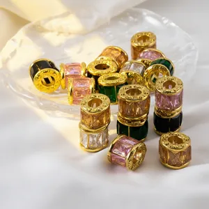 Vintage 18K gold plated stainless steel barrel beads with colorful inlaid glass
