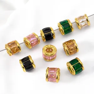 18K gold plated stainless steel barrel beads with colorful glass stones for DIY jewelry