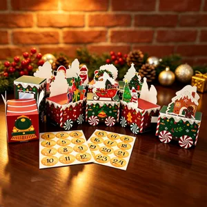 Coffret calendrier de l'Avent train de Noël avec numéros 1 à 24 pour emballage cadeau festif.