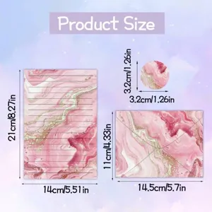 Pink watercolor marble stationery set includes letter paper and envelope size chart