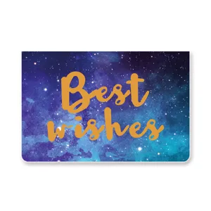 Tarjeta de felicitación galaxia cielo estrellado con texto Best Wishes dorado para regalo.