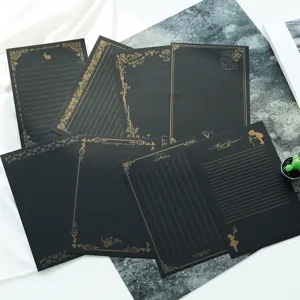 Vintage A5 black stationery paper set with elegant gold foil floral patterns, 8 sheets