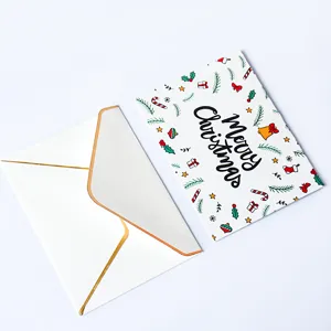 Creative mini Christmas greeting card with cartoon elements and white gold-edged envelope