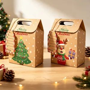 Two festive Christmas kraft paper gift boxes with tree and reindeer designs