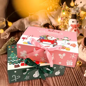 Festive cartoon Christmas gift boxes with pink and green ribbons for holiday candy