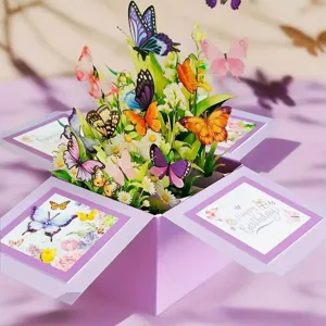 3D Pop Up Birthday Card Colorful Butterfly Box Cardstock Greeting Card Floral Design Handmade Birthday Gift Card For Women Girls