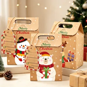 Detail view of Christmas kraft paper gift bags with snowman and bear patterns.
