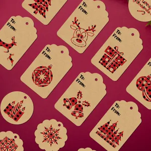 Kraft paper Christmas gift tags with red and black buffalo plaid holiday designs