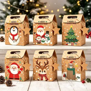 Variety of six creative kraft paper Christmas gift boxes with festive illustrations
