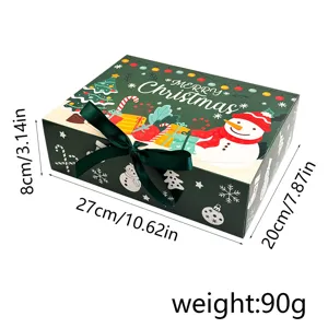 Christmas flip-top folding gift box with cartoon snowman design and satin green ribbon