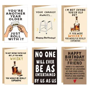 Lot de 6 cartes d'anniversaire drôles avec des citations d'humour et des illustrations
