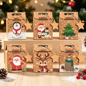 Six Christmas kraft paper gift boxes featuring cute festive prints and star tags