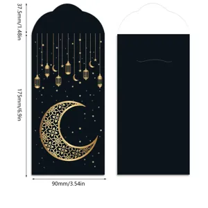 Elegante sobre de Eid Mubarak en negro y dorado con intrincados motivos de luna creciente y faroles